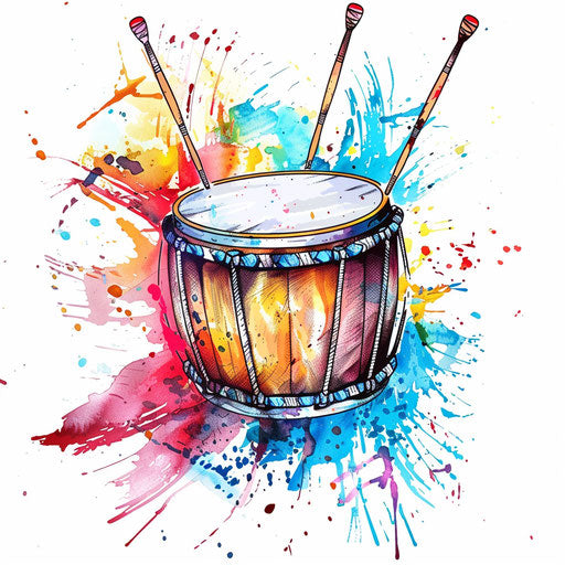 Festive Korean drum tattoo design, with dynamic drumsticks, vividly colored on a white background.