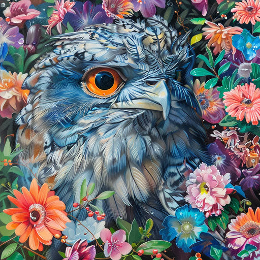 Tawny frogmouth in its element, hidden in foliage of a flowering bush, vibrant flower colors contrasting its subtle hues.