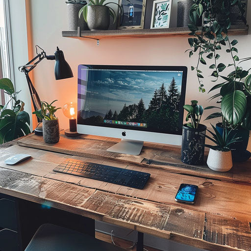 Productive work-from-home setup with a laptop, wireless keyboard, and clean desk