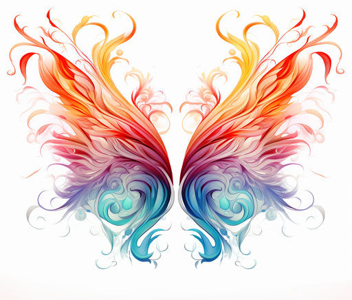 Abstract colored feather with wings and flowers