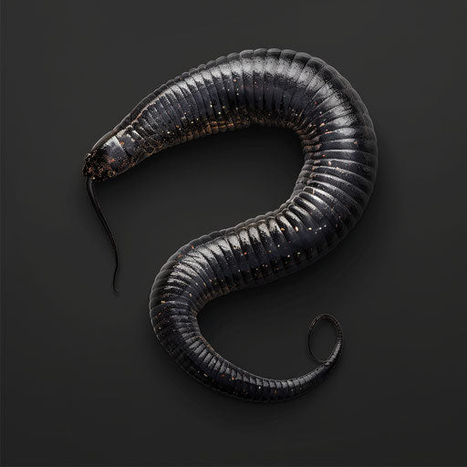 Illustration of a worm depicted in a realistic style on a dark charcoal background, emphasizing dramatic contrast and intricate detail