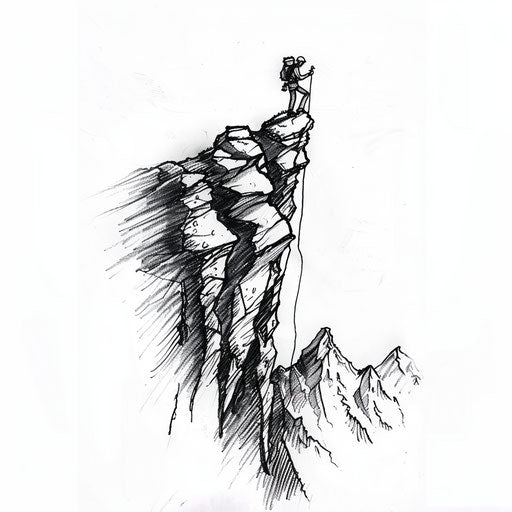 Artistic flat tattoo sketch of a climber reaching the summit of a craggy peak