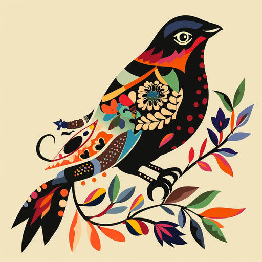 Bird silhouette in folk art inspired flat tattoo style
