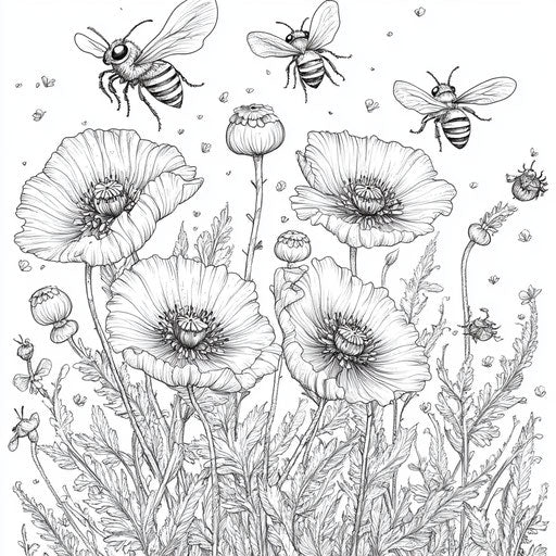 Humorous scene of poppies dancing with bees