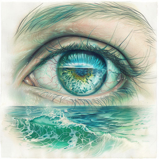 Tranquil sketch of an eyeball reflecting a serene ocean scene