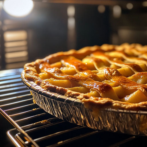 Apple pie baking in the oven, golden crust bubbling filling