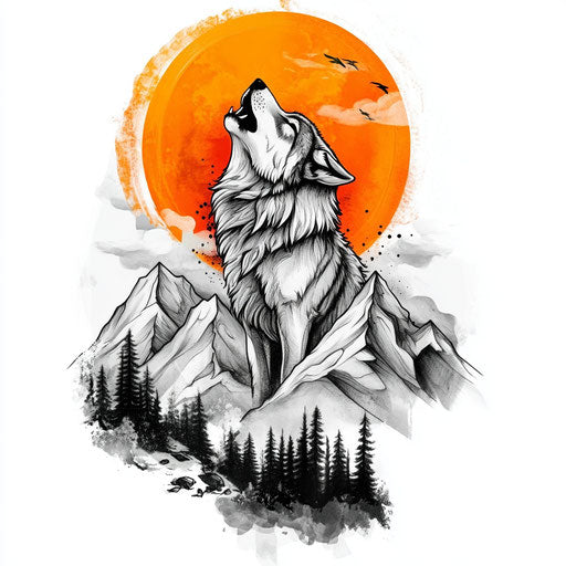 Inner thigh tattoo sketch of howling wolf with mountain range