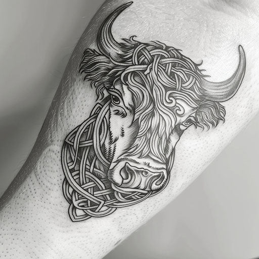 Celtic knotwork cow tattoo with interlocking lines and patterns