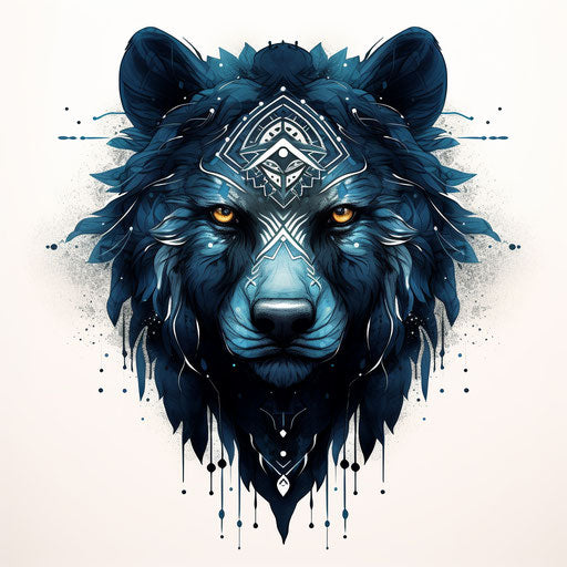 Tribal Bear Face. African bear tribal tattoo by art, in the style of ethereal geometry, indigo, expansive, calming, wiccan