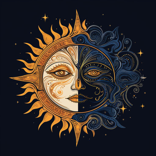 Alchemy symbol of sun and moon, navy and light maroon design