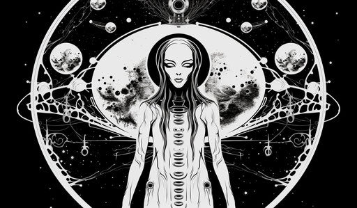 Illustration of psychological phenomena with giant spacecraft and alien and moon women