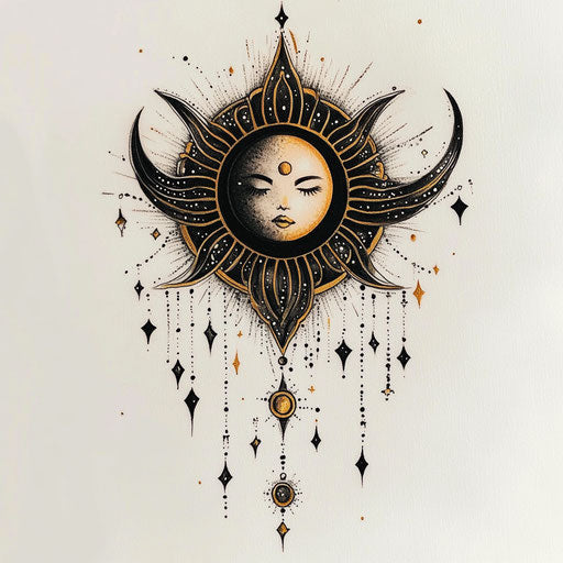 Sternum tattoo women: stylized sun and moon in black and gold