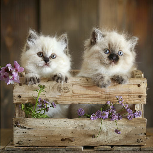 Pair of Himalayan kittens in a small wooden crate with flowers