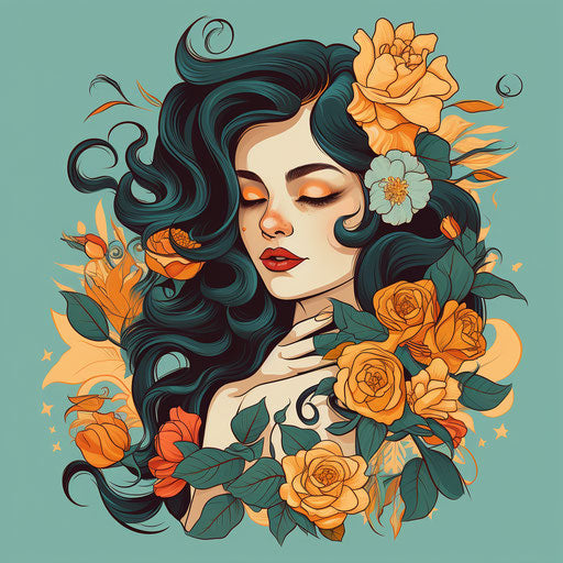 Tattoo of woman with flowers, golden age style, strong lines
