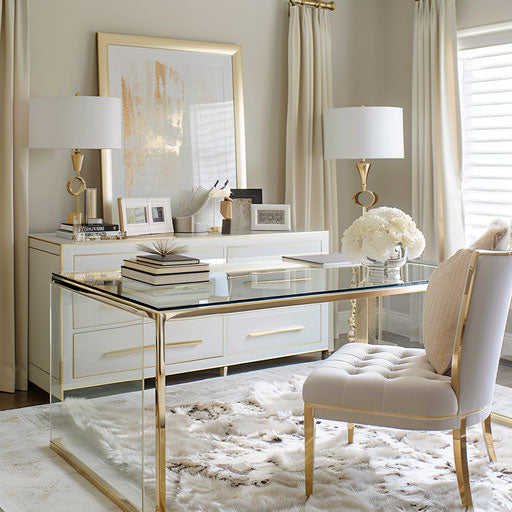 Stylish home office with gold accents and luxurious textiles