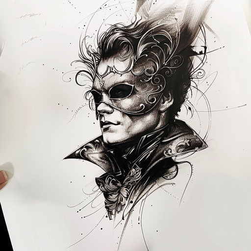 Vibrant sketch of a vampire at a masquerade ball, wearing a mysterious mask