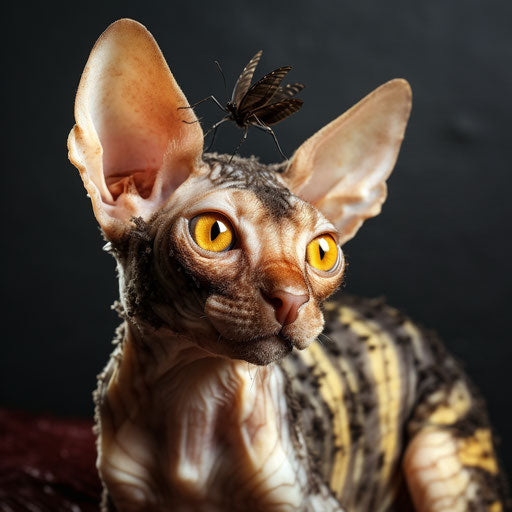 Cornish rex cat staring at an insect