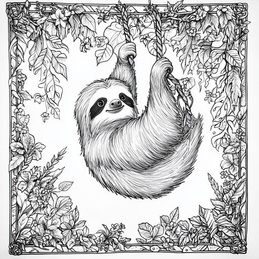 Sloth hanging from vine, Hosoda style, coloring page