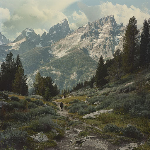 The Teton Mountains with climbers on a rugged trail