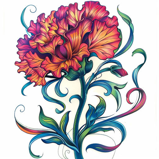 Psychedelic carnation tattoo with vibrant colors and swirling patterns