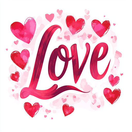 Love in cursive pink and red with hearts on white background