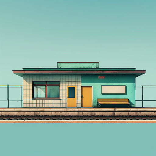 Realistic train station on flat background, vibrant tones and details