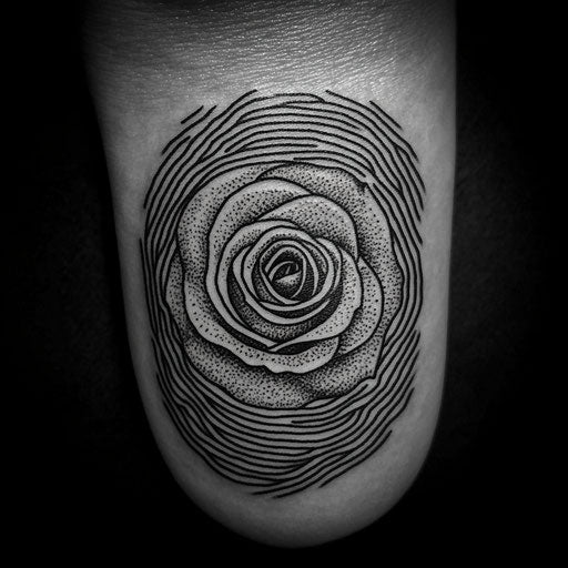 Fingerprint tattoo with traditional rose pattern