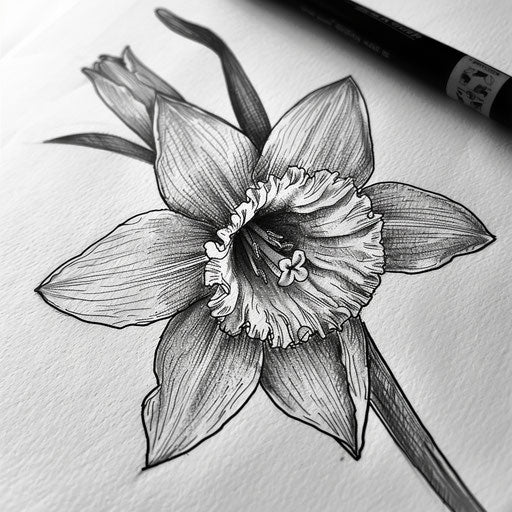 Detailed sketch of a black and white narcissus tattoo