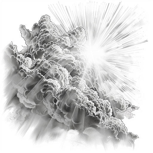Cloud tattoo with burst of sunlight on white background