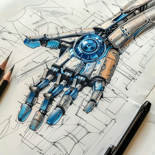 Futuristic single needle tattoo sketch of a robotic arm