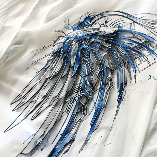 Futuristic concept of digital circuit wings tattoo in silver and blue on a white sheet