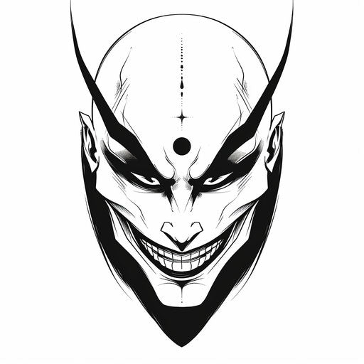 Simplistic and clean flat tattoo sketch of a shinigami's mask with stark shadows