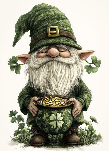 St. Patrick's Day gnome with pot of gold and shamrocks, Artgerm style