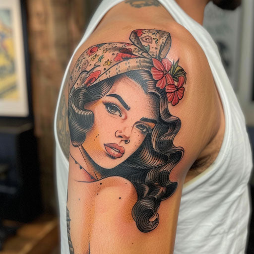 Classic pin-up girl cover up tattoo in the style of Ed Hardy