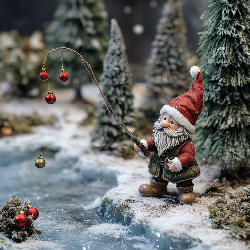 A gnome ice fishing on a frozen pond, his line decorated with tiny Christmas baubles.