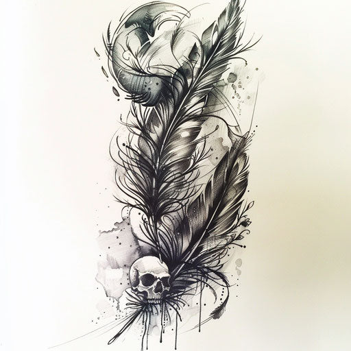 Gothic feather tattoo design with dark elements and skulls