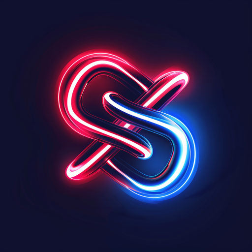 Neon logo with dynamic lines and bold neon typography in neon red, white, and blue colors on dark background