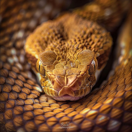 Close-up of rattlesnake with soft lighting, intense eyes