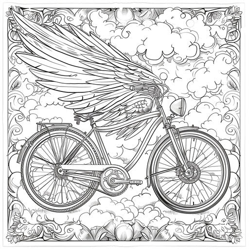 Winged bike in the clouds - Coloring page