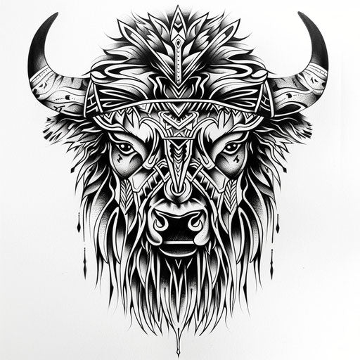 Bold flat tattoo sketch of a bison head with tribal motifs in black and white