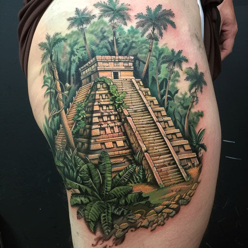 Traditional sketch of a Mayan pyramid in the jungle