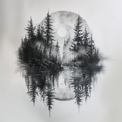 Black and grey forest with serene lake