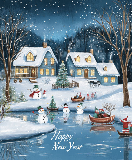 Snowy Christmas scene with snowmen, sleighs, and ice skaters at night
