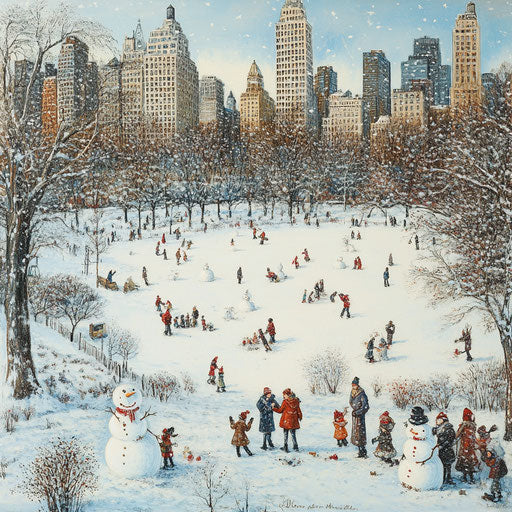 Snowy park with snowmen and couples holding hands