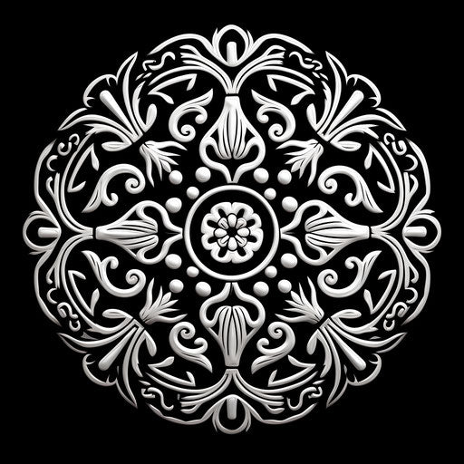 Ornamental mandala in black and white, moche art style, negative space and abundant symbolism