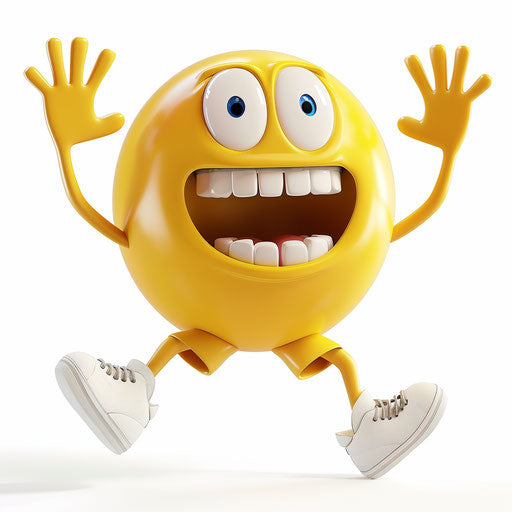 Yellow smiling face with open mouth and arms, wearing white shoes on white background, Pixar-style