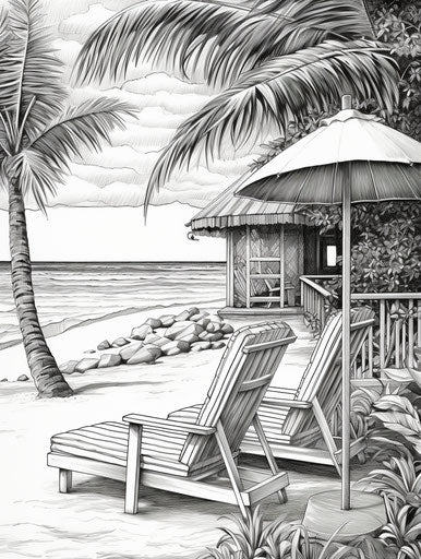 Ocean scene with palm trees and umbrella