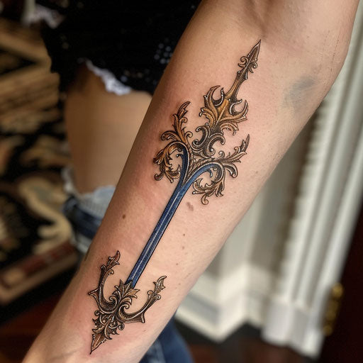 Baroque trident tattoo with gold filigree and royal blue