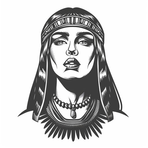 Vintage Cleopatra tattoo stencil, black and gray, on stark white background