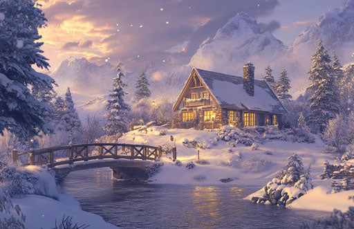 Beautiful house in snow, wooden bridge over river, pine trees